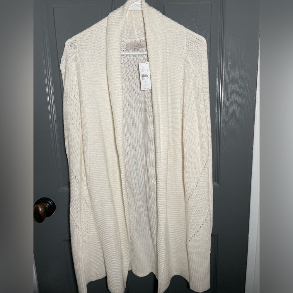 NWT LOFT Women's Ribbed Open Sweater Winter White Cardigan - Small Cozy & Soft